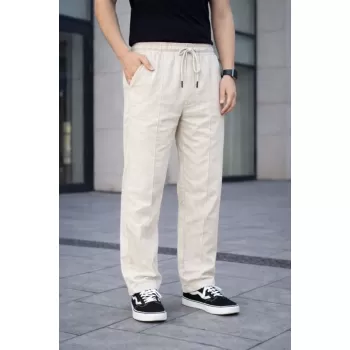 Erkek Keten Cepli Çıma Dikişli Jogger Buggy Pantalon Rahat Kalıp - Krem