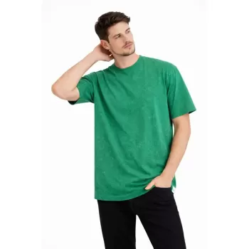Erkek Asit Yıkama Bisiklet Yaka Kısa Kollu Oversize T-Shirt Tişört - Yeşil