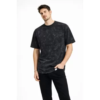 Erkek Asit Yıkama Bisiklet Yaka Kısa Kollu Oversize T-Shirt Tişört - Siyah