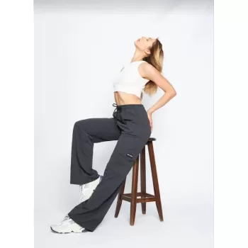 Yüksek Bel Kargo Cepli Palazzo Pantolon Oversize Bol Paça İki İplik Rahat Kesim - Antrasit