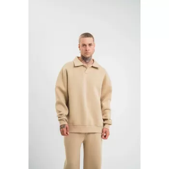 Erkek Patlı Yaka Üç İplik Pamuklu Sweatshirt Double Oversize Rahat Kalıp Günlük Kullanım – Bej