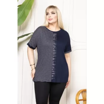 Büyük Beden Taş Detaylı Çizgili Viskon Tişört Bisiklet Yaka Rahat Kesim - Lacivert