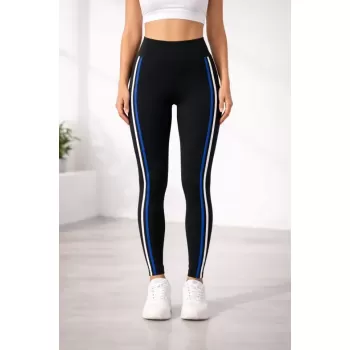 Likralı Yan Beyaz Mavi Şeritli Detaylı Tayt - Siyah