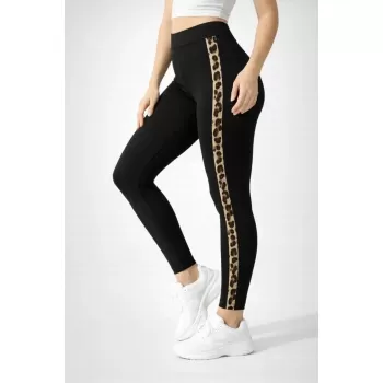 Likralı Yan Leopar Şeritli Detaylı Tayt - Siyah