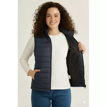 Şişme Fermuarlı Yelek Su Itici Kapitone Astarlı Kumaş Cepli Hafif Kışlık Spor Rahat Kalıp - Lacivert