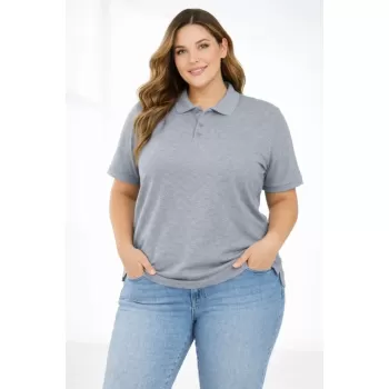 Pike Kumaş Düğmeli Yaka Battal Büyük Beden Günlük Kısa Kol Tişört T-shirt - Gri