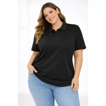 Pike Kumaş Düğmeli Yaka Battal Büyük Beden Günlük Kısa Kol Tişört T-shirt - Siyah