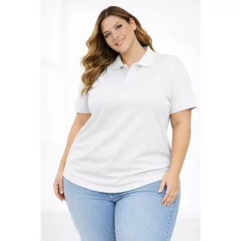 Pike Kumaş Düğmeli Yaka Battal Büyük Beden Günlük Kısa Kol Tişört T-shirt - Beyaz