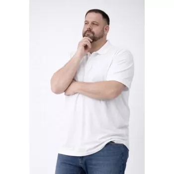 Erkek Pike Kumaş Düğmeli Yaka Battal Büyük Beden Günlük Kısa Kol Tişört T-shirt - Beyaz
