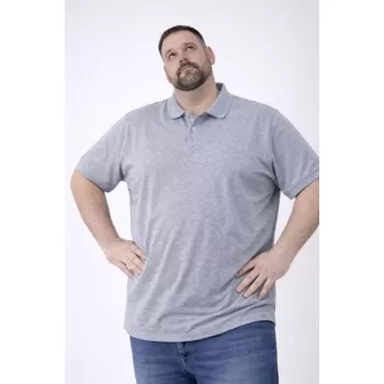 Erkek Pike Kumaş Düğmeli Yaka Battal Büyük Beden Günlük Kısa Kol Tişört T-shirt - Gri