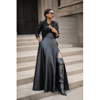 Kadın Yüksek Bel Uzun Yırtmaçlı Deri Etek