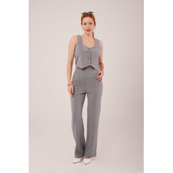 Kalın Askılı Düğmeli Yelek Ve Pantolon Gri Takım