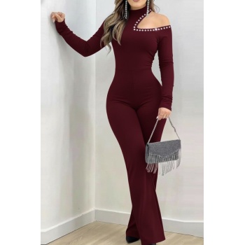 Kadın Tek Omuzdan Açık Balıkçı Yaka Taş Detaylı Uzun Ithal Krep Tulum