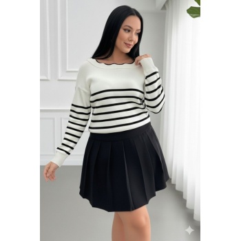 Kadın Beyaz Sırt Bağlama Detaylı çizgi Desen Triko Bluz