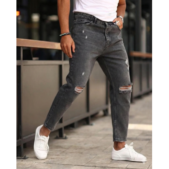 Erkek Koyu Gri Yırtık Detaylı Boyfriend Jean 