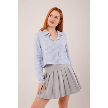 Tek Cep Çizgili Mavi Kısa Gömlek