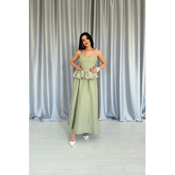 Yeşil Beli Büzgülü İnci Askılı Uzun Elbise