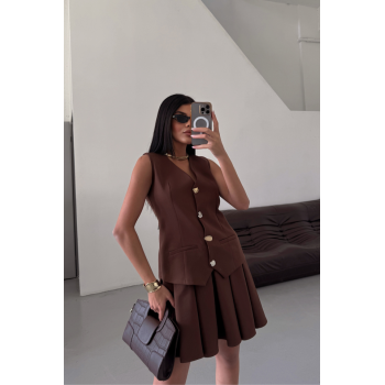 YELEK - PİLELİ ETEK GÖRÜNÜMLÜ ELBİSE - Kahverengi