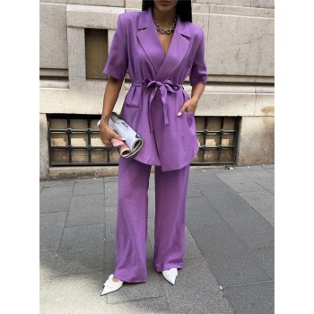 KISA KOL BAĞLAMA DETAYLI CEKET-PANTOLON TAKIM - Mor