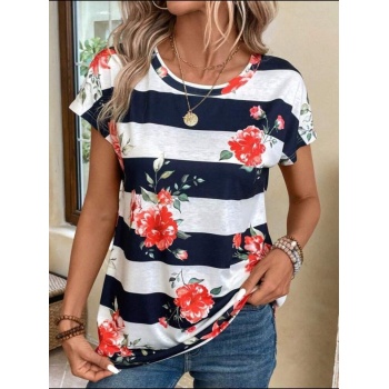 Kadın Çiçek Desenli Yatay Şeritli Bisiklet Yaka Tişört