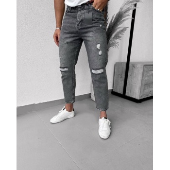 Erkek Füme Yırtık Detaylı Mom Jean