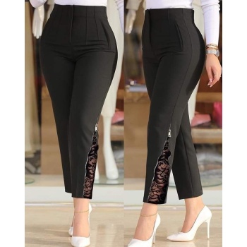 Kadın Yüksek Bel önden Nervürlü Ve Fermuarlı Yandan Dantelli Ithal Krep Pantolon