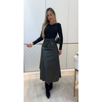 Kadın Belden Kuşaklı Uzun Deri Etek