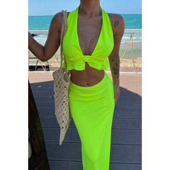 Kadın Mayo Kumaş Bağlamalı Crop Ve Maxi Boy Etek Ikili Takım