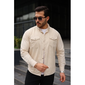 Erkek Uzun Kollu Cepli Kadife Gömlek