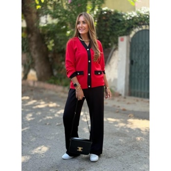 Kadın Uzun Kollu Ribanali Cep Detay Hırka Ve Bol Paça Pantolon Ikili Takım