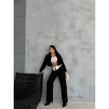 KETEN GÖMLEK-CROP-SALAŞ PANTOLON TAKIM - Siyah