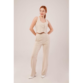 Kalın Askılı Düğmeli Yelek Ve Pantolon Bej Takım