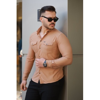 Erkek çift Cepli çıtçıt Düğmeli Uzun Kollu Gömlek