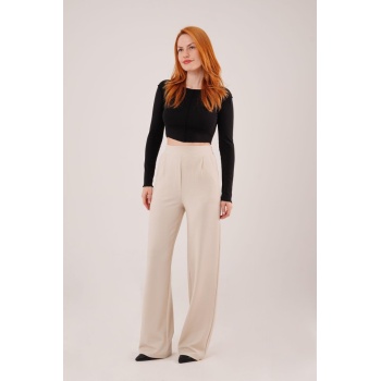Yüksek Bel Bol Paça Krep Krem Pantolon