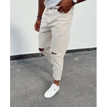 Erkek Açık Krem Yırtık Detaylı Boyfriend Jean