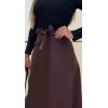 Kadın Belden Kuşaklı Uzun Deri Etek