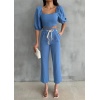 KETEN CROP KARPUZ KOL BLUZ-PANTOLON HASIR KEMERLİ - Mavi