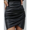 Kadın Yüksek Bel Yandan Fermuarlı Pileli Mini Deri Etek