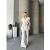 Keten Sıfır Kol Kuşaklı Ceket Pantolon Ikili Takım - Beyaz