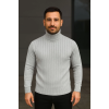 Erkek Balıkcı Yaka Bağazlı Triko Kazak Pamuklu Kalın Fitilli Dokuma, Regular Fit Uzun Kollu Kışlık Model - Gri