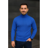 Erkek Balıkcı Yaka Bağazlı Triko Kazak Pamuklu Kalın Fitilli Dokuma, Regular Fit Uzun Kollu Kışlık Model - Saks Mavisi