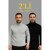 Erkek Fitilli Triko Kazak 2li Set Gri Siyah Regular Balıkcı Yaka Tam Boğazlı Triko Seti Modeli Kazak