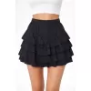 Siyah Katlı Mini Fırfıtlı Etek Lastikli Yüksel Bel, Volanlı Tasarım, Rahat Kalıp, Günlük Ve Şık Kombinelere Uygun Yazlık Etek - Siyah