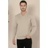 Erkek V Yaka Triko Kazak Yumuşak Dokulu Pamuklu Ince Dokuma, Uzun Kollu Rahat Regular Kalıp - Bej