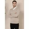Erkek V Yaka Triko Kazak Yumuşak Dokulu Pamuklu Ince Dokuma, Uzun Kollu Rahat Regular Kalıp - Bej