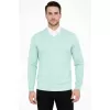 Erkek V Yaka Triko Kazak Yumuşak Dokulu Pamuklu Ince Dokuma, Uzun Kollu Rahat Regular Kalıp - Mint Yeşili