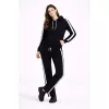 KADIN Yandan Şeritli Eşofman Takım Kapüşonlu Sweatshirt Boru Paça Alt, Oversize 3 Iplik Pamuklu - Siyah