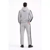 Erkek Şeritli Eşofman Takım Kapüşonlu Sweatshirt Boru Paça Alt, Oversize 3 Iplik Pamuklu - Gri