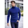 Erkek Balıkcı Yaka Bağazlı Triko Kazak Pamuklu Kalın Fitilli Dokuma, Regular Fit Uzun Kollu Kışlık Model - İndigo