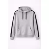 Erkek Şeritli Kapüşonlu Sweatshirt Oversize 3 Iplik Pamuklu - Gri